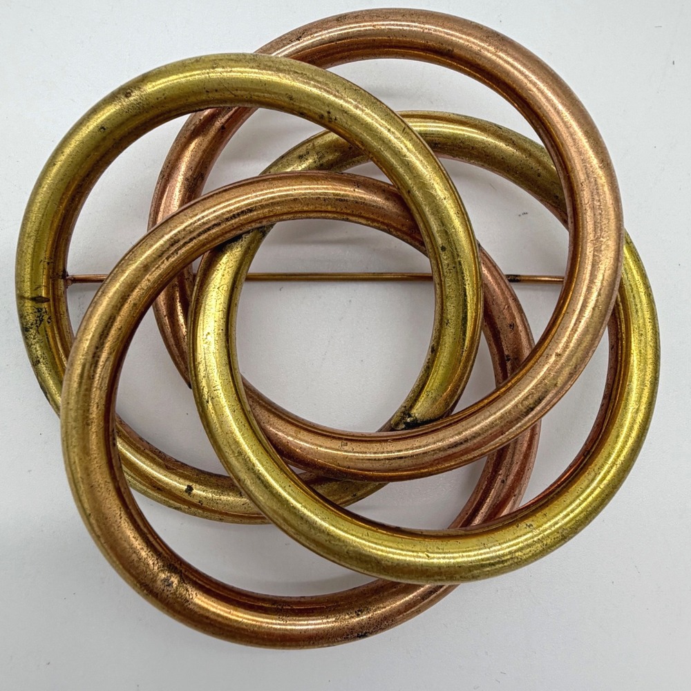 Vintage Crown Trifari Interlocking Rings Brooch Mixed Metals Heavy Statement